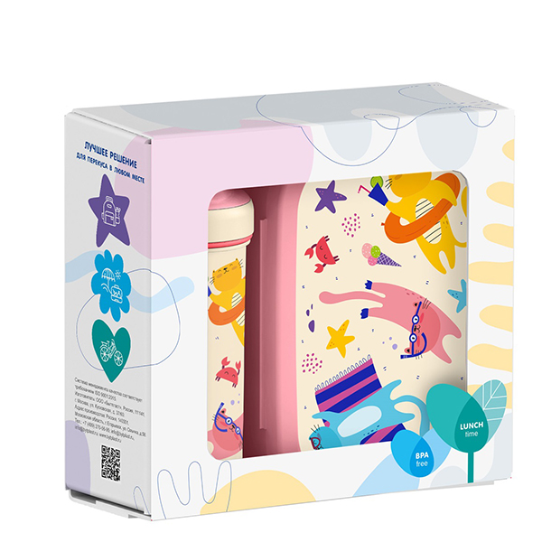 Набор: ланч-бокс 0,98л и бутылка для воды с петлей 0,4л с декором (розовый)(то)