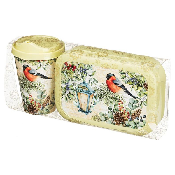 Набор: стакан с крышкой 420мл с декором НГ + ланч-бокс 0,85л с декором (салатовый)