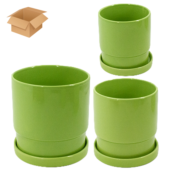 Кашпо керамическое 3шт с поддоном зеленый (Ø-11см h-12см /  Ø-12см h-13см / Ø-16см h-17см)