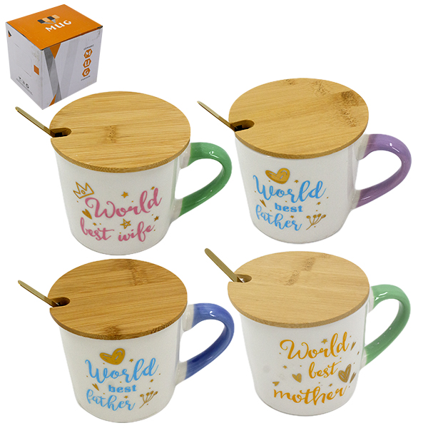 Кружка 350мл, с бамбуковой крышкой и ложкой из нерж
