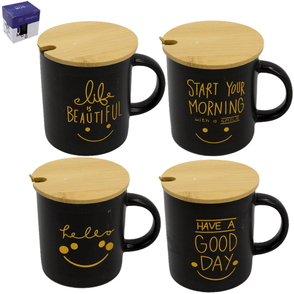 Кружка 350мл, с бамбуковой крышкой и ложкой из нерж