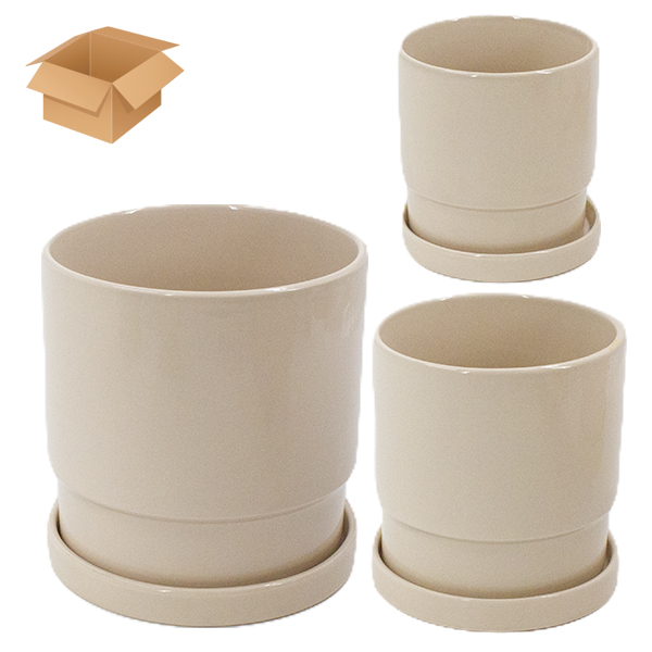 Кашпо керамическое 3шт с поддоном белый (Ø-11см h-12см /  Ø-12см h-13см / Ø-16см h-17см)