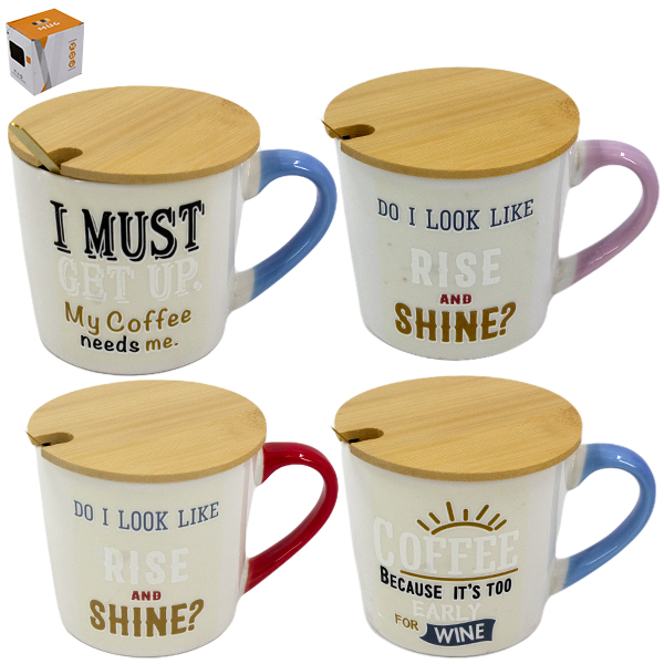 Кружка 350мл, с бамбуковой крышкой и ложкой из нерж мятые коробки