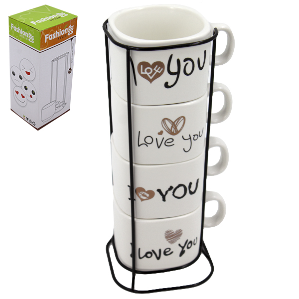 Кружка 200мл I LOVE YOU набор 4шт + подставка