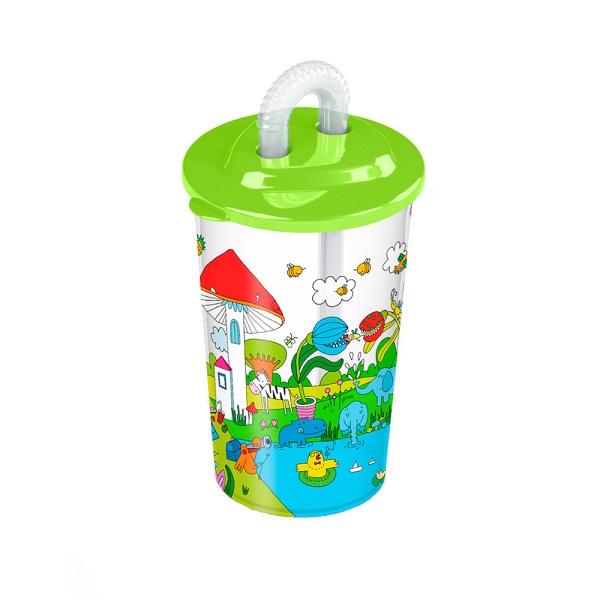 Стакан 400мл с декором и трубочкой "ЛЕСНАЯ СКАЗКА" (Зеленый)(то)