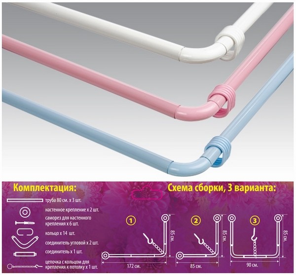 Карниз для ванной комнаты угловой 260см (голубой) (хпп) (то)