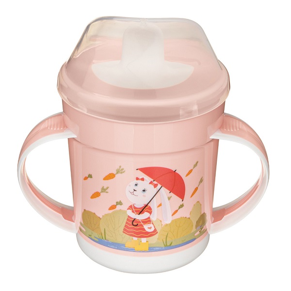 Поильник с ручками, декором и защитной крышкой 320мл (Св.розовый)(то)