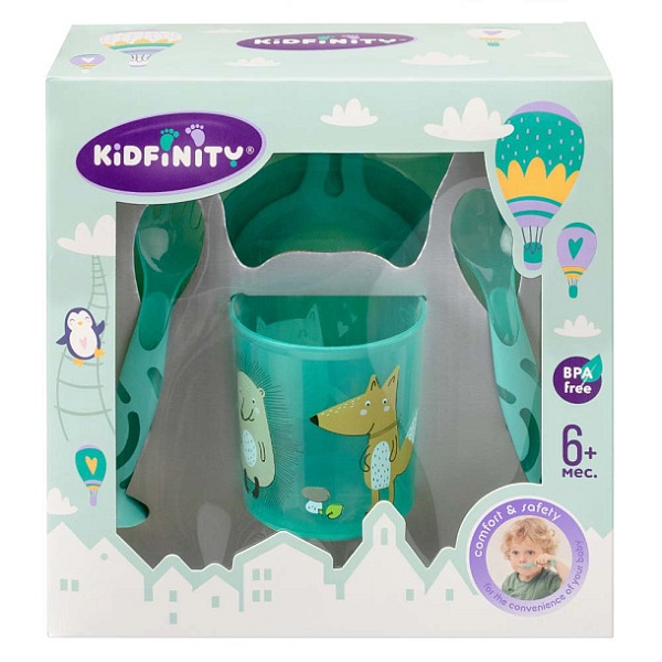 Набор: тарелка на присосе 400мл,кружка 200мл,стл.приборы на присосе (Зеленый) (то)