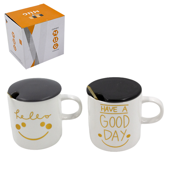 Кружка 350мл, с керамической крышкой и ложкой из нерж(мятые коробки)