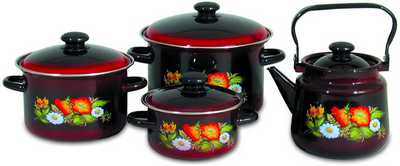 Набор кастрюль№20  Шиповник цил. 2,0/3,0/5,5л. чайник 3,5л черный