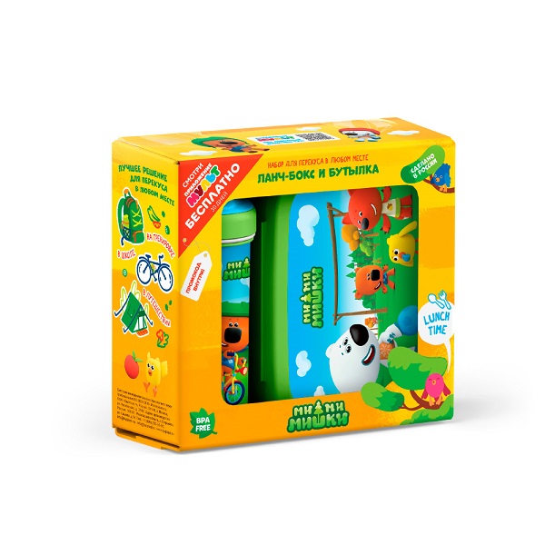 Набор: ланч-бокс 0,98л и стакан с крышкой с петлей 0,4л "МИ-МИ-МИШКИ" (Зеленый)(то)