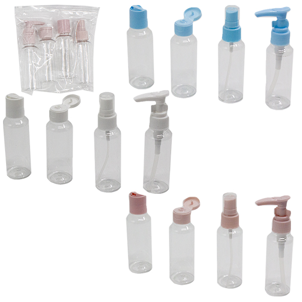 Дорожный набор для коcметики 4шт (флакон-дозатор 60мл, флакон-распыл 60мл, 2 флакона 60мл) пластик