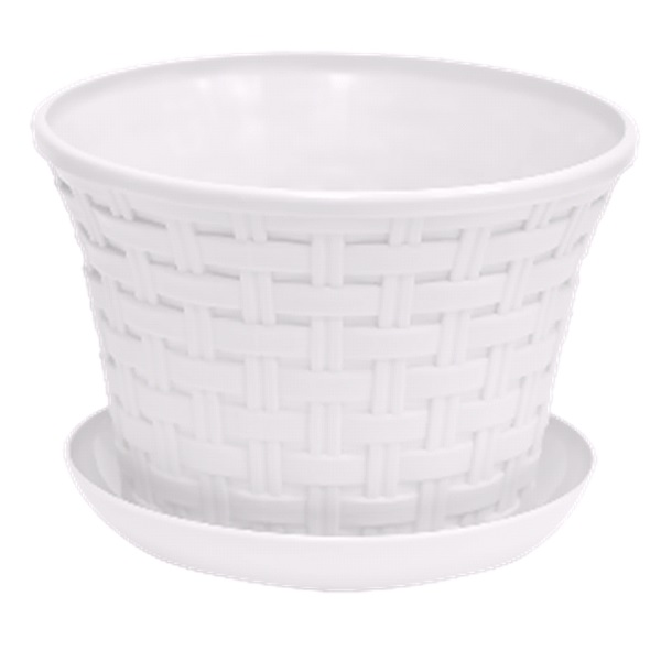 Кашпо круглое "Ротанг" 1,1л с поддоном (белый) (то)