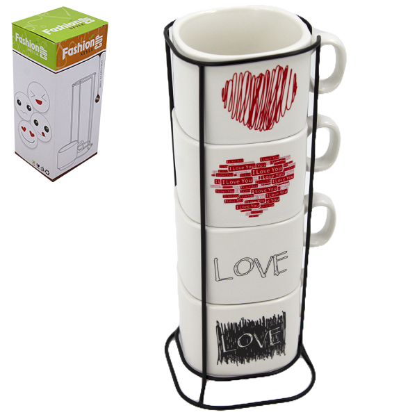 Кружка 200мл LOVE набор 4шт + подставка