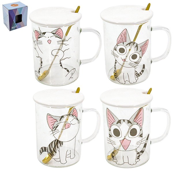 Кружка стеклянная 350мл, с керамической крышкой и ложкой из нерж