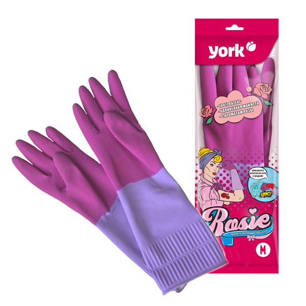 Перчатки резиновые с удлинённой манжетой ароматизированные Рози YORK (M) 