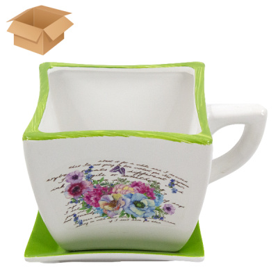 Горшок цветочный керамический ЗЕЛЕНЫЙ 17*13*11см, с поддоном