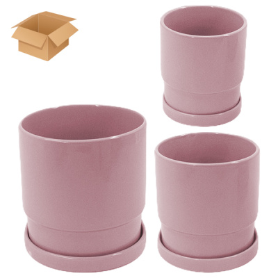 Кашпо керамическое 3шт с поддоном розовый (Ø-11см h-12см /  Ø-12см h-13см / Ø-16см h-17см)