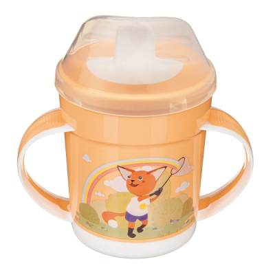Поильник с ручками, декором и защитной крышкой 320мл (Оранжевый)(то)