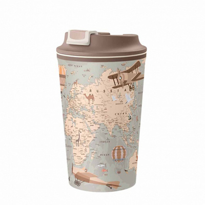 Термостакан 350мл с декором и клапаном  "КАРТА" (светло-бежевый) (то)
