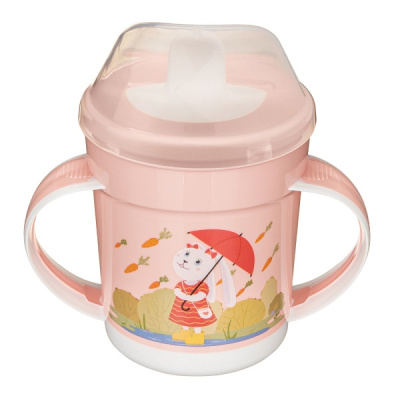 Поильник с ручками, декором и защитной крышкой 320мл (Св.розовый)(то)