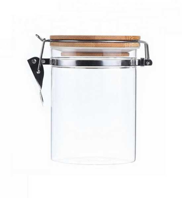 Банка стеклянная с бамбуковой крышкой с защелкой Ф-10см Н-15см