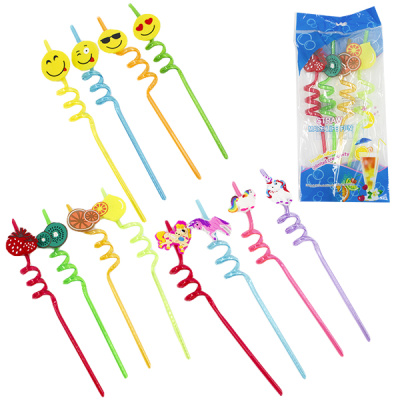 Трубочки для напитков пластиковые 27см, спиралька с декором, 4шт