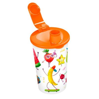 Стакан с клапаном и декором "ФРУКТОВАЯ ВЕЧЕРИНКА" 400мл (Оранжевый)(то)