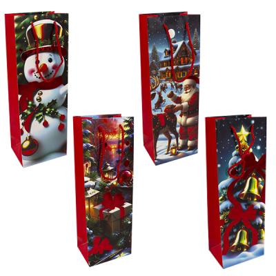 Пакет подарочный НОВОГОДНИЙ для алкоголя 12*9*35см
