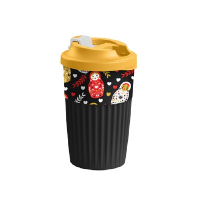 Стакан для горяч. напитков с клапаном и декором 450мл "МАТРЕШКИ" (черный)(то)