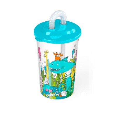 Стакан 400мл с декором и трубочкой "МОРСКОЙ МИР" (Зеленый)(то)