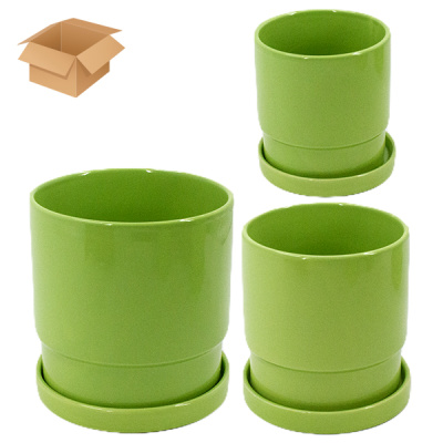 Кашпо керамическое 3шт с поддоном зеленый (Ø-11см h-12см /  Ø-12см h-13см / Ø-16см h-17см)