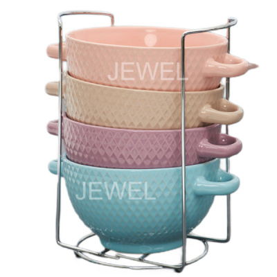 Набор бульонниц JEWEL Аура-Ромбы 4 пр. на мет. подставке 700мл (керамика)