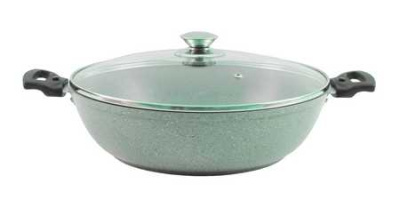 Сотейник 300/85мм со съемными ручками,стеклянной крышкой,АП (фисташковый мрамор)