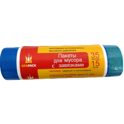 Пакеты д/мусора "С ЗАВЯЗКАМИ"  35 л. 15 шт. ПВД синие(35)