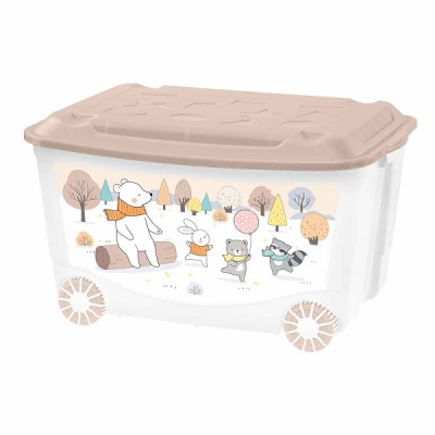 Ящик для игрушек на колесах 580х390х335 "ЗВЕРУШКИ НА ОПУШКЕ" 45л (темно-бежевый)(то)