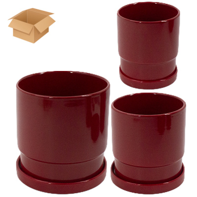 Кашпо керамическое 3шт с поддоном красный (Ø-11см h-12см /  Ø-12см h-13см / Ø-16см h-17см)