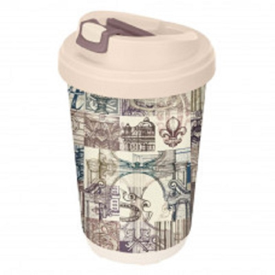 Термостакан 400мл с декором и клапаном "АРХИТЕКТУРА" (бежевый)(то)
