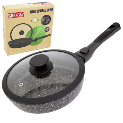 Сковорода МРАМОР 24см, со стеклянной крышкой и съёмной ручкой